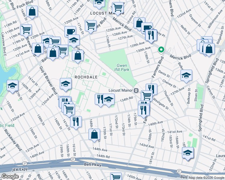 map of restaurants, bars, coffee shops, grocery stores, and more near 172-42 133rd Avenue in Queens