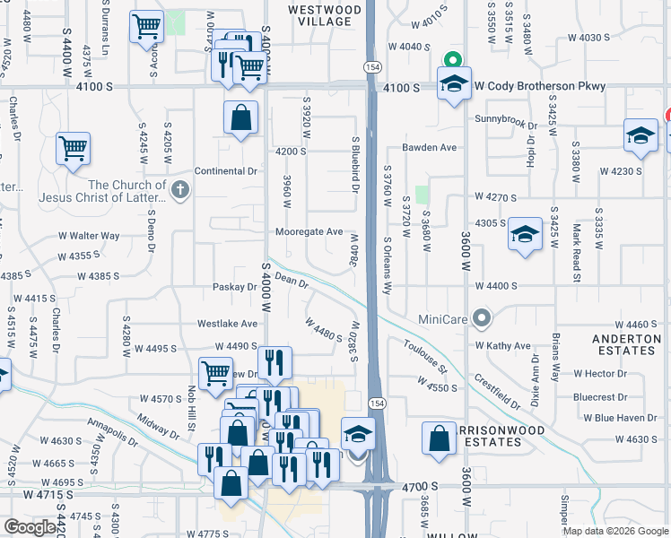 map of restaurants, bars, coffee shops, grocery stores, and more near 3886 Meadowgate Drive South in West Valley City