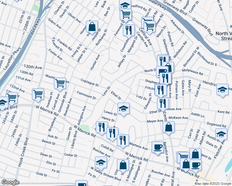 map of restaurants, bars, coffee shops, grocery stores, and more near 205 Ethel Street in Valley Stream