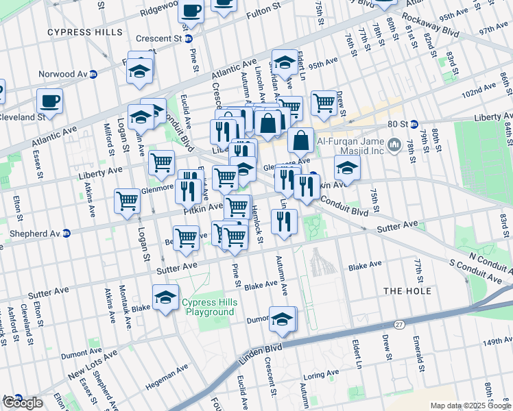 map of restaurants, bars, coffee shops, grocery stores, and more near 555 Hemlock Street in Brooklyn