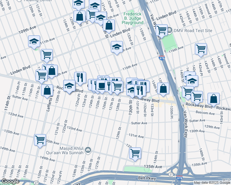 map of restaurants, bars, coffee shops, grocery stores, and more near 127-8 Foch Boulevard in Queens