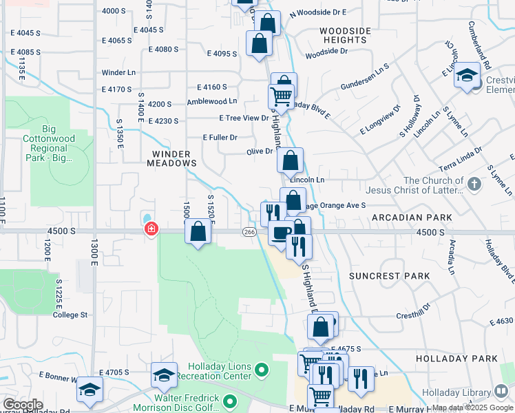 map of restaurants, bars, coffee shops, grocery stores, and more near 1669 Roycroft Place in Millcreek