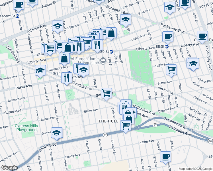 map of restaurants, bars, coffee shops, grocery stores, and more near 107-42 77th Street in Queens