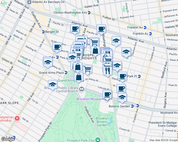 map of restaurants, bars, coffee shops, grocery stores, and more near 177 Underhill Avenue in Brooklyn
