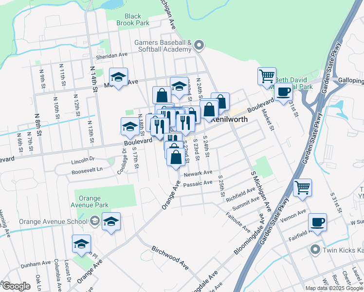 map of restaurants, bars, coffee shops, grocery stores, and more near 15 South 22nd Street in Kenilworth