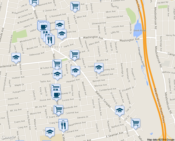 map of restaurants, bars, coffee shops, grocery stores, and more near 17 Gormley Ave in Roosevelt