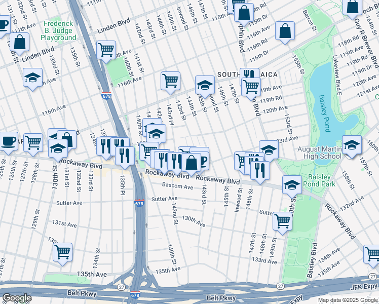 map of restaurants, bars, coffee shops, grocery stores, and more near 142-27 122nd Avenue in Queens