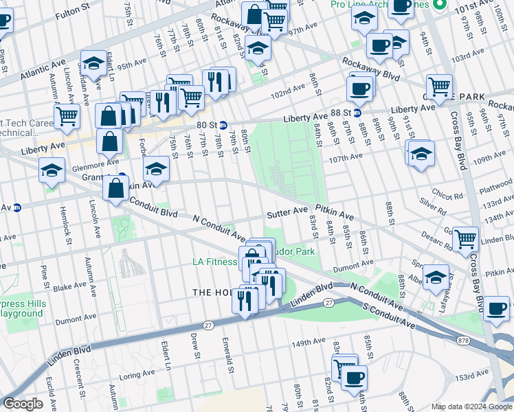 map of restaurants, bars, coffee shops, grocery stores, and more near 107-34 80th Street in Queens