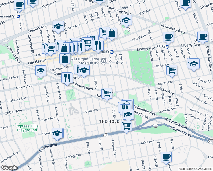 map of restaurants, bars, coffee shops, grocery stores, and more near 107-42 77th Street in Queens