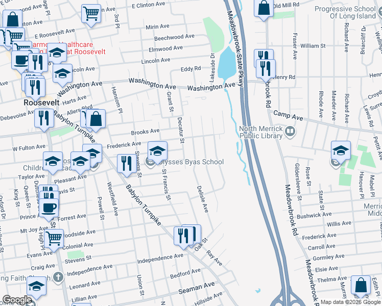 map of restaurants, bars, coffee shops, grocery stores, and more near 19 Bainbridge St in Roosevelt