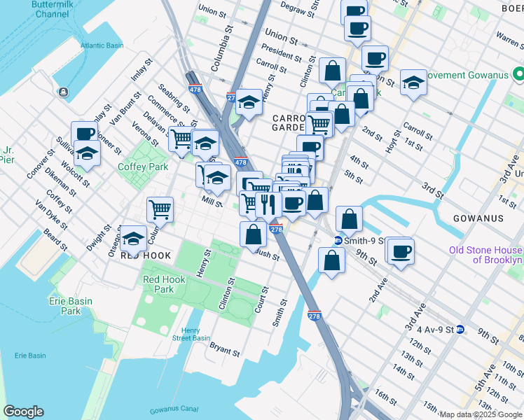 map of restaurants, bars, coffee shops, grocery stores, and more near 316 Hamilton Avenue in Brooklyn