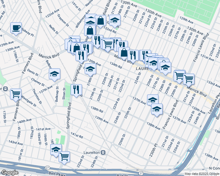 map of restaurants, bars, coffee shops, grocery stores, and more near 136-33 220th Place in Queens