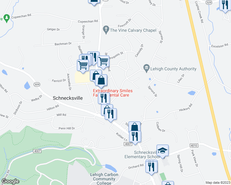 map of restaurants, bars, coffee shops, grocery stores, and more near 5009 Mohawk Drive in Schnecksville