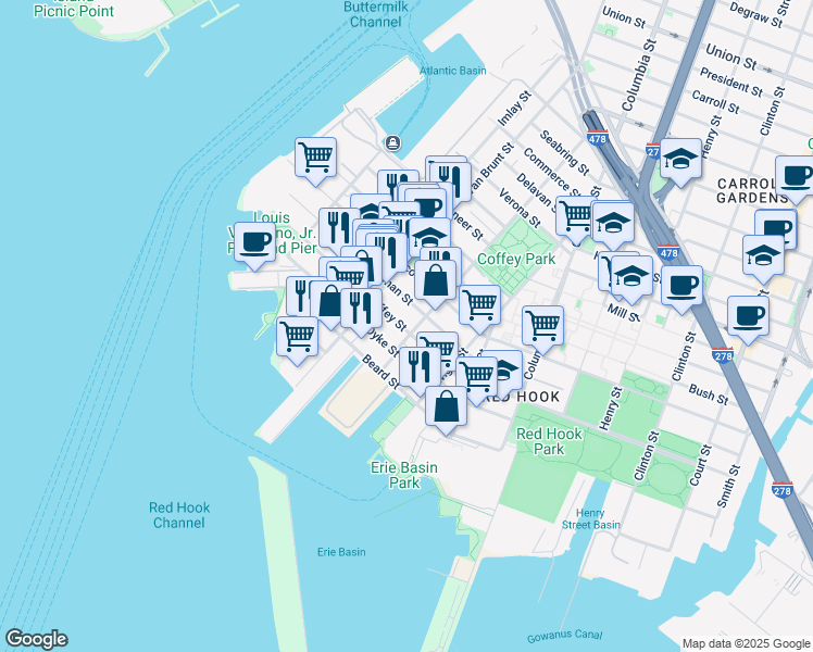 map of restaurants, bars, coffee shops, grocery stores, and more near 78 Coffey Street in Brooklyn
