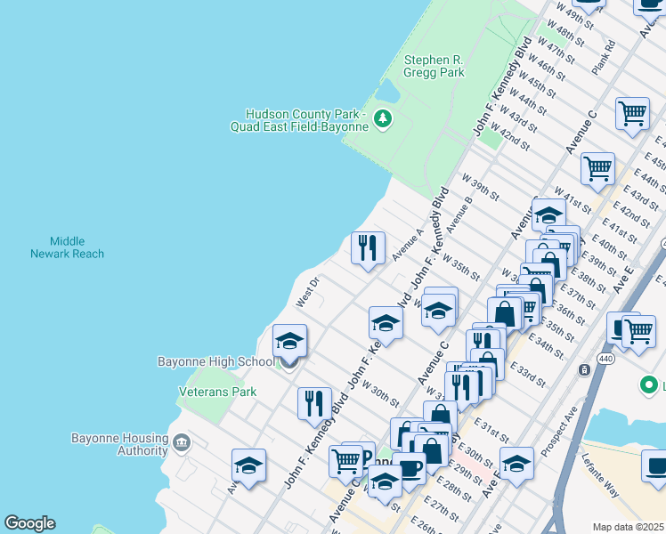 map of restaurants, bars, coffee shops, grocery stores, and more near 32 Newark Bay Court in Bayonne