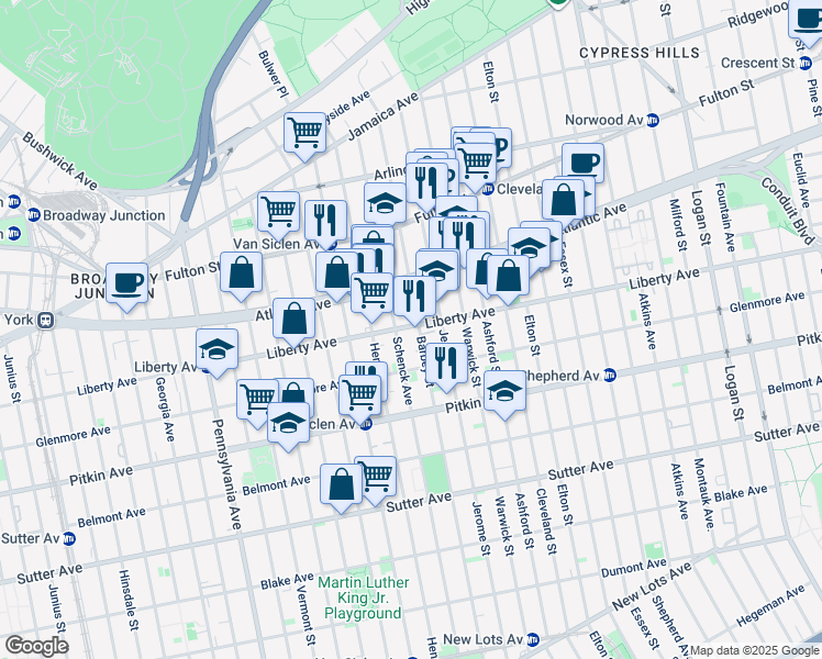 map of restaurants, bars, coffee shops, grocery stores, and more near 572 Liberty Avenue in Brooklyn