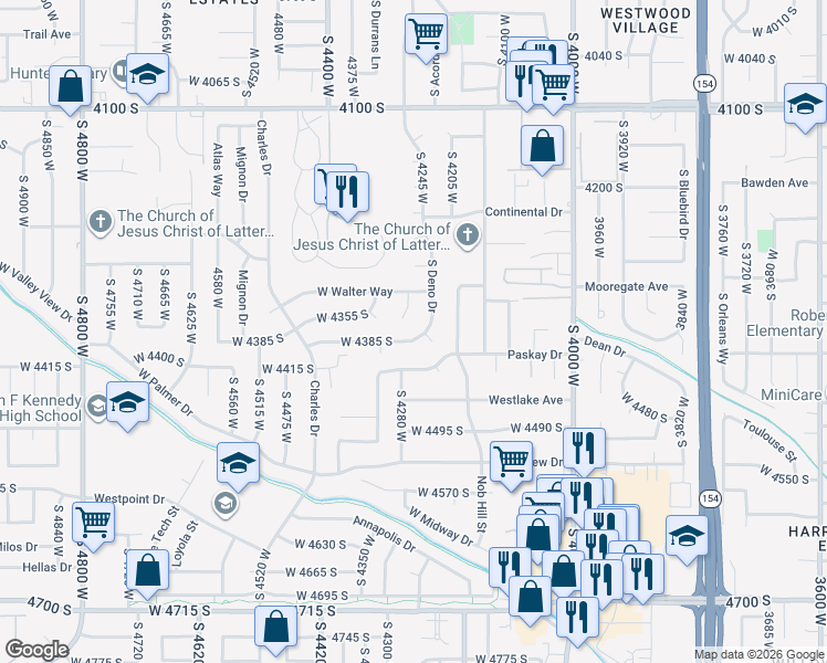 map of restaurants, bars, coffee shops, grocery stores, and more near 4264 West Deno Drive in West Valley City