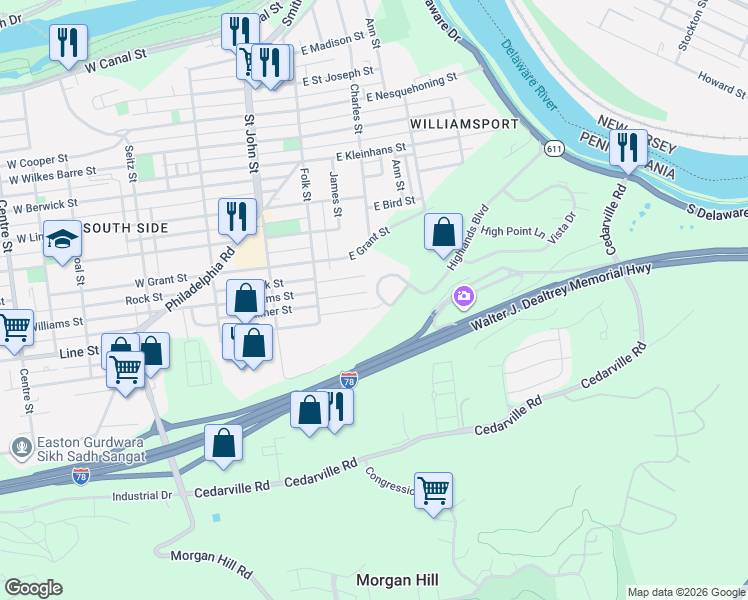 map of restaurants, bars, coffee shops, grocery stores, and more near 201 Reese Street in Easton