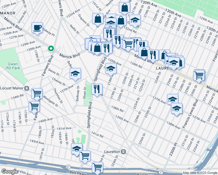 map of restaurants, bars, coffee shops, grocery stores, and more near 137-15 218th Street in Queens