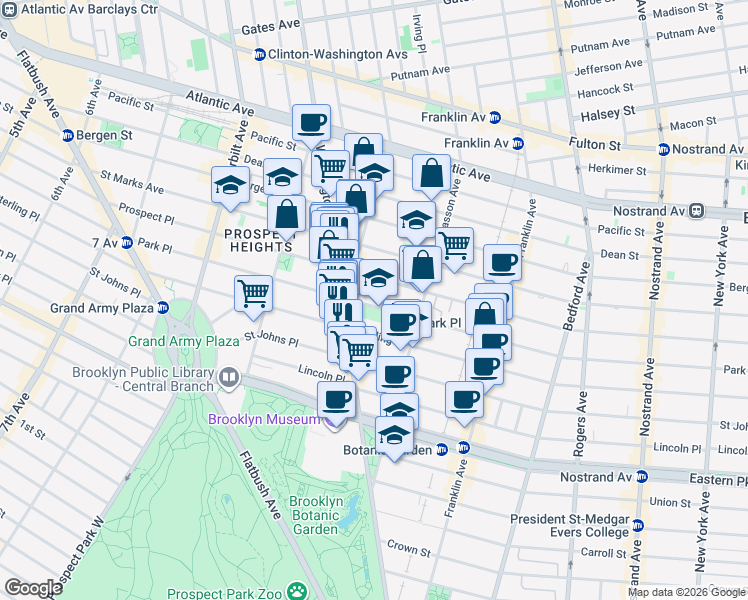 map of restaurants, bars, coffee shops, grocery stores, and more near 477 Park Place in Brooklyn