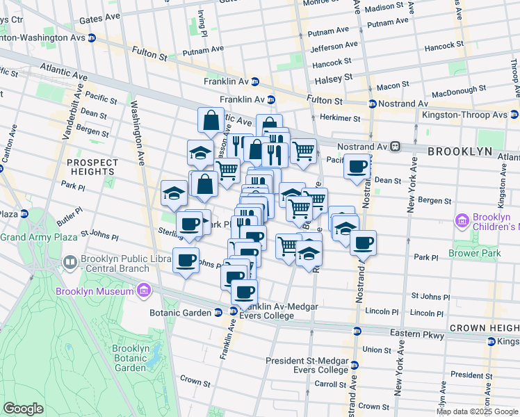 map of restaurants, bars, coffee shops, grocery stores, and more near 672 Franklin Avenue in Brooklyn
