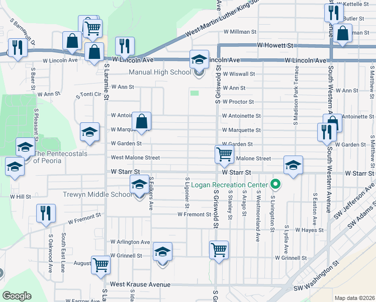 map of restaurants, bars, coffee shops, grocery stores, and more near 1149 South Ligonier Street in Peoria