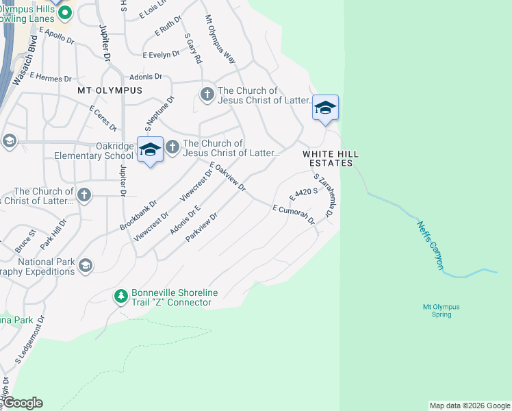 map of restaurants, bars, coffee shops, grocery stores, and more near 4420 South Mathews Way in Salt Lake City