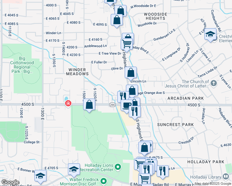 map of restaurants, bars, coffee shops, grocery stores, and more near 1669 Roycroft Place in Millcreek