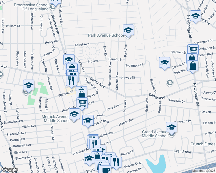 map of restaurants, bars, coffee shops, grocery stores, and more near 2161 Camp Avenue in Merrick