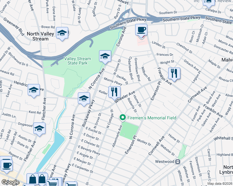 map of restaurants, bars, coffee shops, grocery stores, and more near 51 Keller Street in Valley Stream