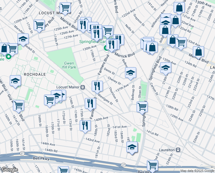 map of restaurants, bars, coffee shops, grocery stores, and more near 177-26 135th Avenue in Queens