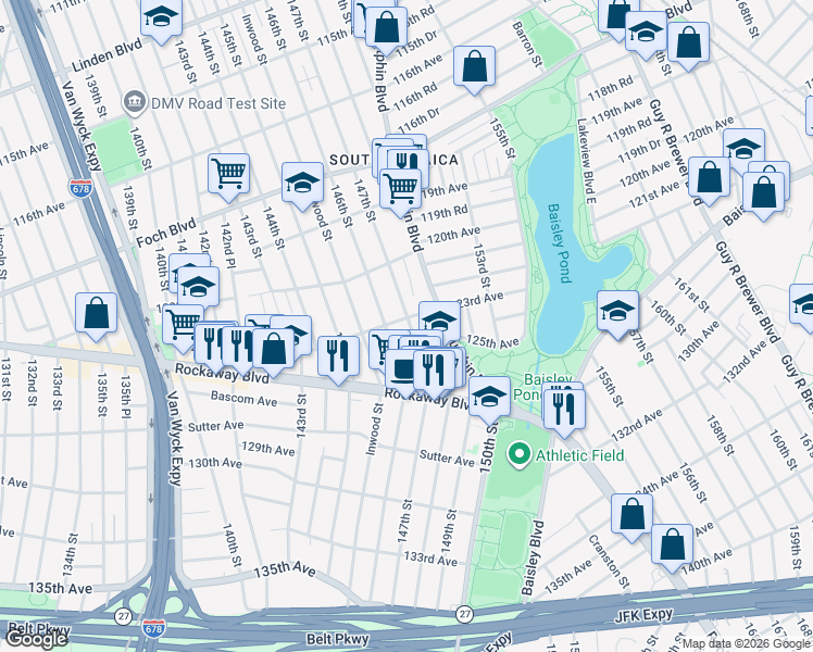 map of restaurants, bars, coffee shops, grocery stores, and more near 123-11 147th Street in Queens