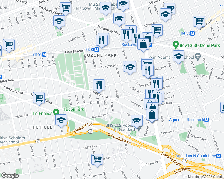 map of restaurants, bars, coffee shops, grocery stores, and more near 132-15 87th Street in Queens