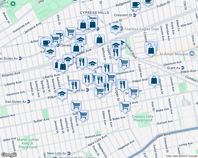 map of restaurants, bars, coffee shops, grocery stores, and more near 836 Glenmore Avenue in Brooklyn