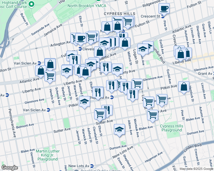 map of restaurants, bars, coffee shops, grocery stores, and more near 793 Glenmore Avenue in Brooklyn