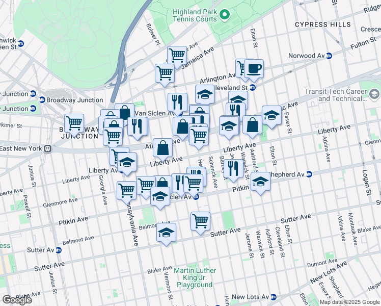 map of restaurants, bars, coffee shops, grocery stores, and more near 495 Liberty Avenue in Brooklyn