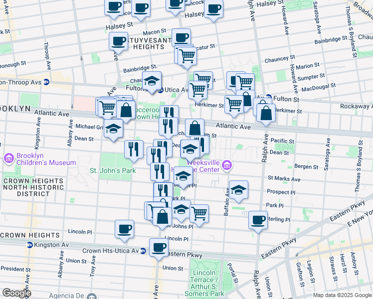 map of restaurants, bars, coffee shops, grocery stores, and more near 1776 Dean Street in Brooklyn