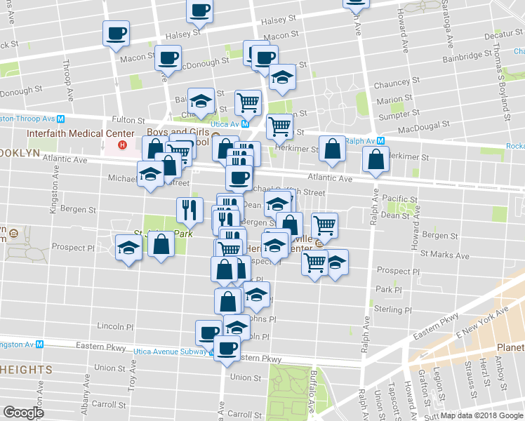 map of restaurants, bars, coffee shops, grocery stores, and more near 1776 Dean Street in Brooklyn