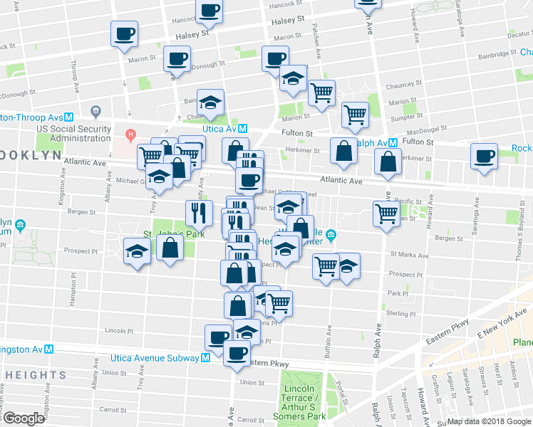 map of restaurants, bars, coffee shops, grocery stores, and more near 1776 Dean Street in Brooklyn
