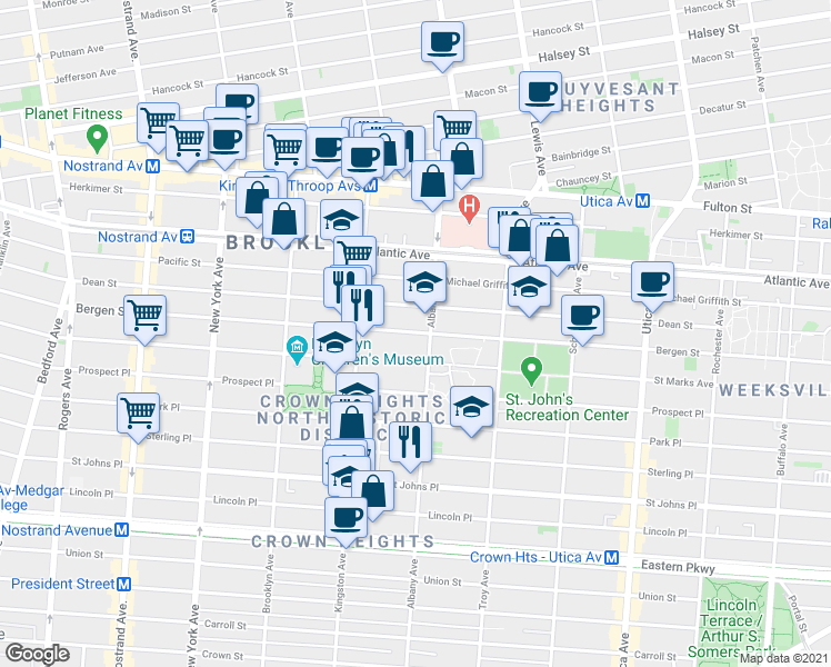 map of restaurants, bars, coffee shops, grocery stores, and more near 1362A Bergen Street in Brooklyn
