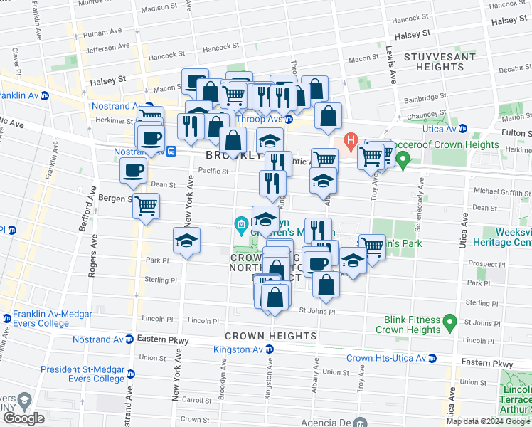 map of restaurants, bars, coffee shops, grocery stores, and more near 1286 Bergen Street in Brooklyn