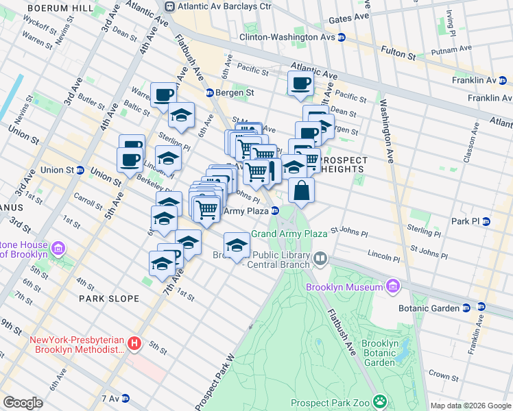 map of restaurants, bars, coffee shops, grocery stores, and more near 232 Saint Johns Place in Brooklyn