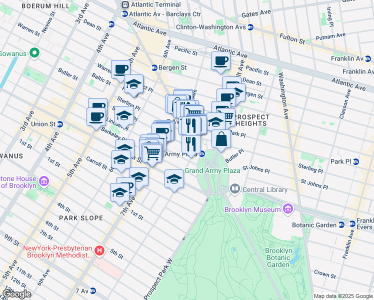 map of restaurants, bars, coffee shops, grocery stores, and more near 232 Saint Johns Place in Brooklyn
