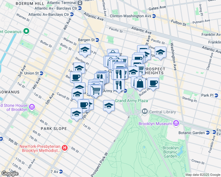 map of restaurants, bars, coffee shops, grocery stores, and more near 232 Saint Johns Place in Brooklyn