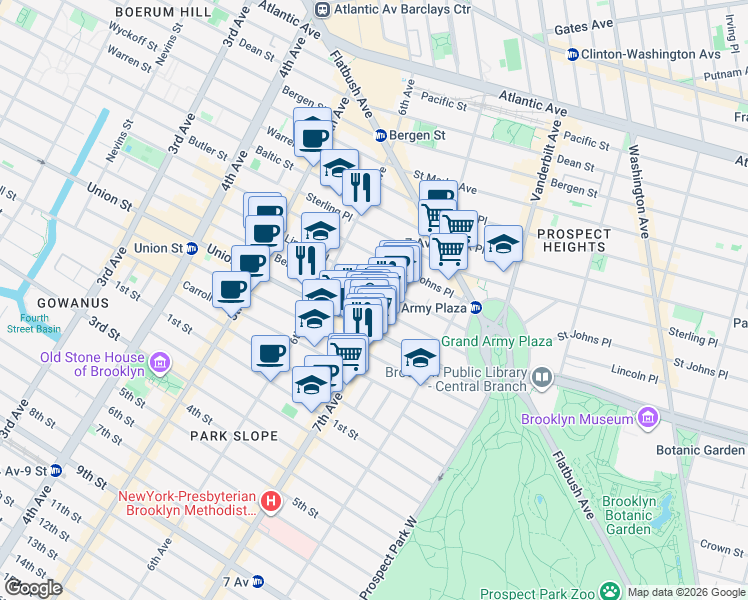 map of restaurants, bars, coffee shops, grocery stores, and more near 151 Berkeley Place in Brooklyn