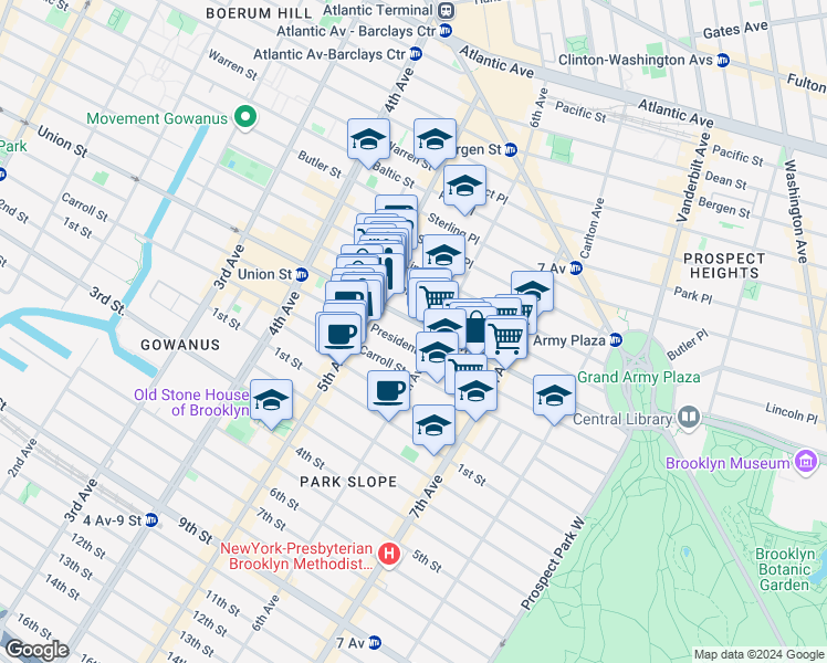 map of restaurants, bars, coffee shops, grocery stores, and more near 740A Union Street in Brooklyn