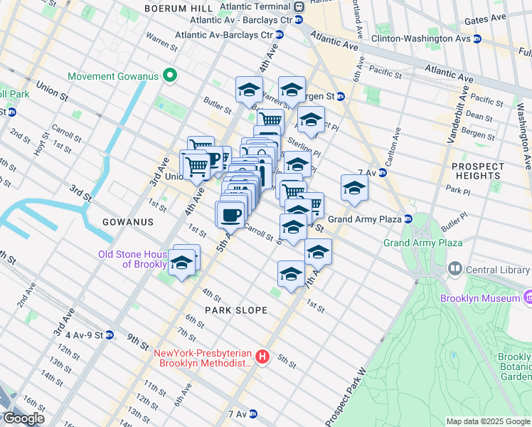 map of restaurants, bars, coffee shops, grocery stores, and more near 687 President Street in Brooklyn