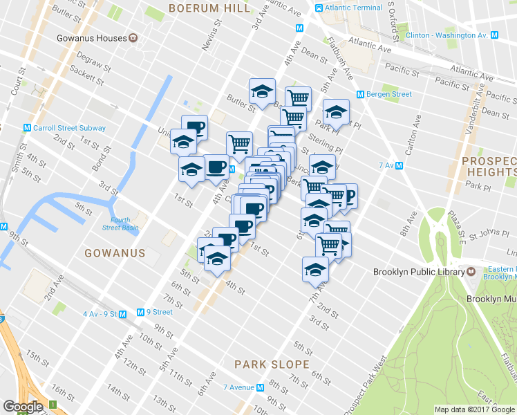 map of restaurants, bars, coffee shops, grocery stores, and more near 212 5th Avenue in Brooklyn