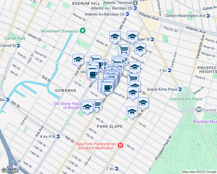 map of restaurants, bars, coffee shops, grocery stores, and more near 212 5th Avenue in Brooklyn