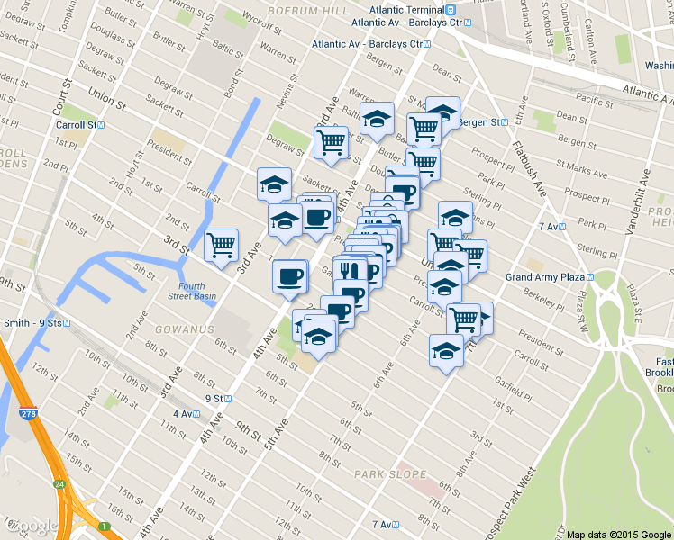 map of restaurants, bars, coffee shops, grocery stores, and more near 584 Carroll Street in Brooklyn